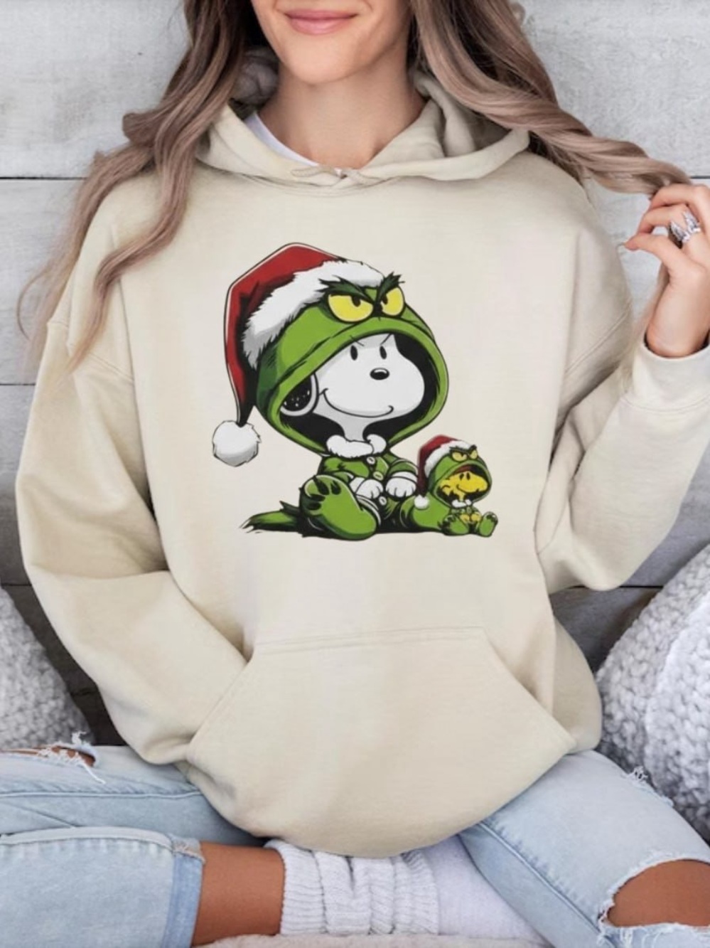 Cream Hoodie with Green Grinch-Style Snoopy Graphic